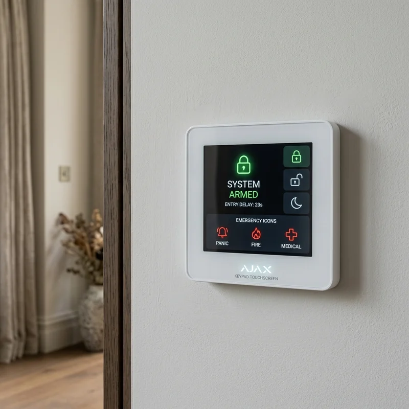 Ajax smart keypad touchscreen inside entrance hallway