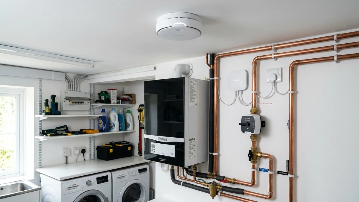 Ajax FireProtect 2 ceiling smoke detector and WaterStop electric smart shutoff valve installed cleanly on copper plumbing
