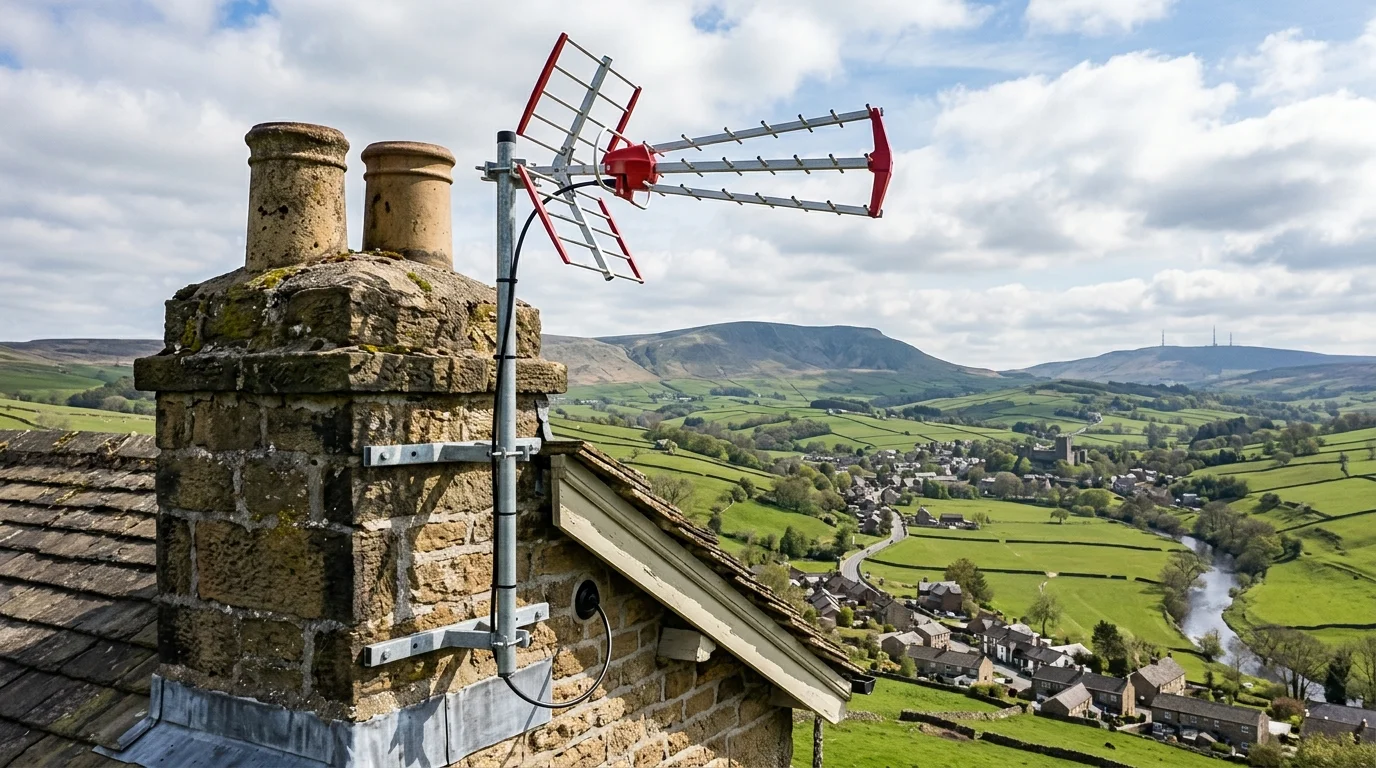 Professional digital TV aerial installation in Chipping on traditional British chimney stack with galvanized Pennine storm brackets