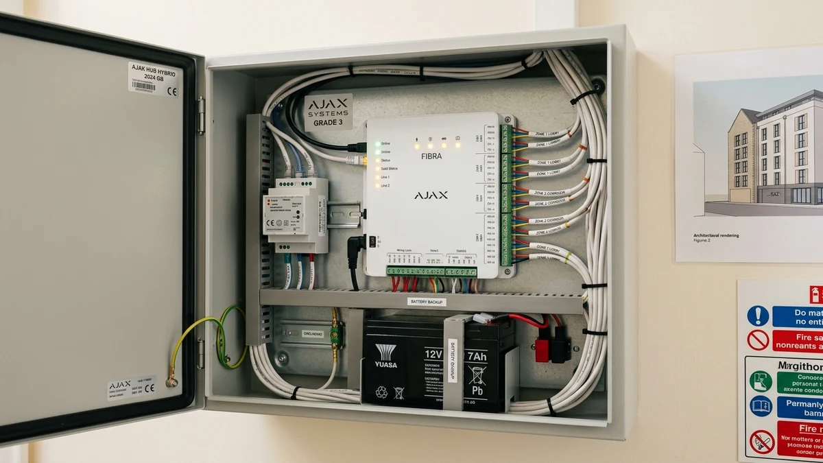 Commercial communications rack housing Ajax Hub Hybrid with neatly laced 4-core bus lines in Blackpool