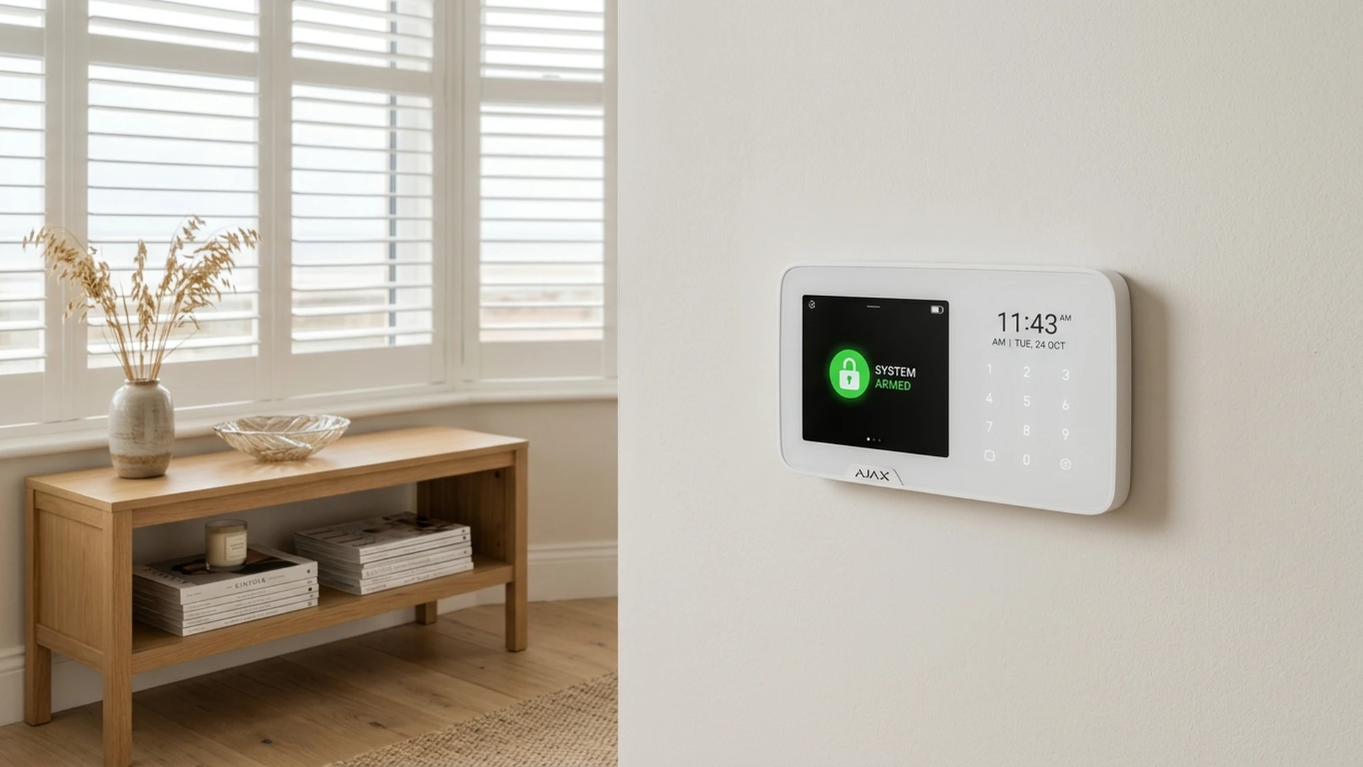 Ajax MotionCam Outdoor wireless detector mounted on weathered The Fylde Coast red brick exterior wall in Blackpool