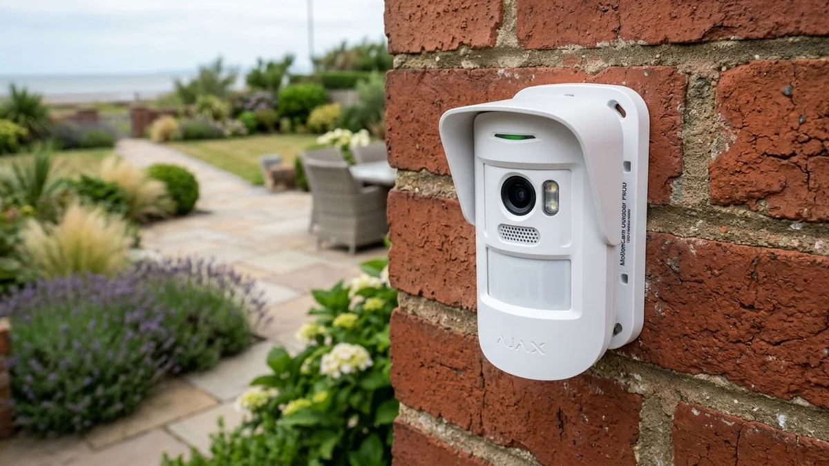 Ajax MotionCam Outdoor mounted on exterior brickwork monitoring a Blackpool residential driveway