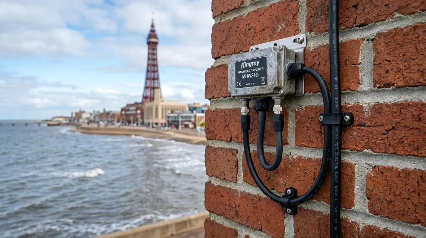 Neatly clipped UV-resistant Cat6a solid copper cable installation along mortar joints in Blackpool