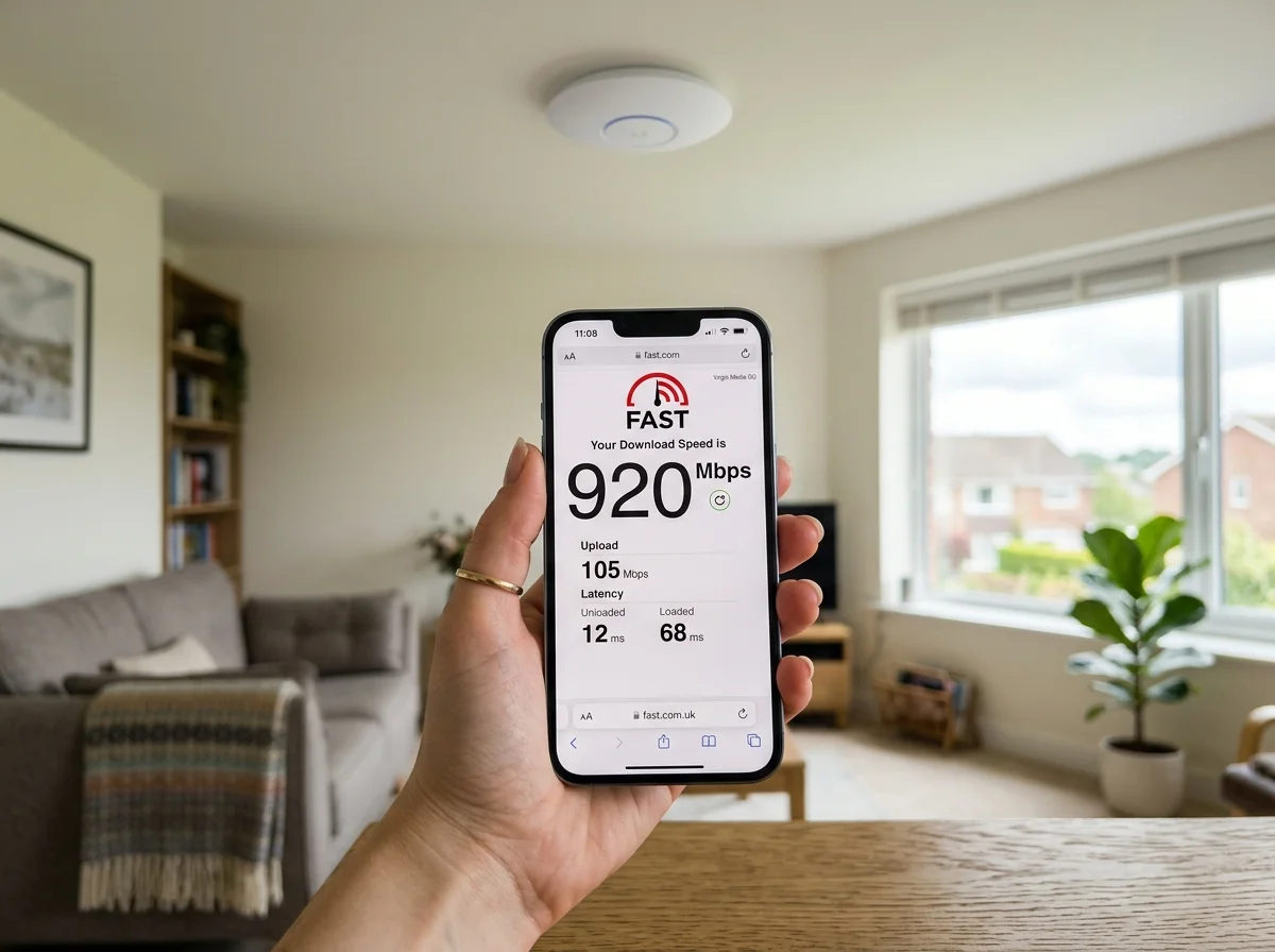 Handover speed test showing 920Mbps gigabit broadband throughput with ceiling access point in a Blackpool home
