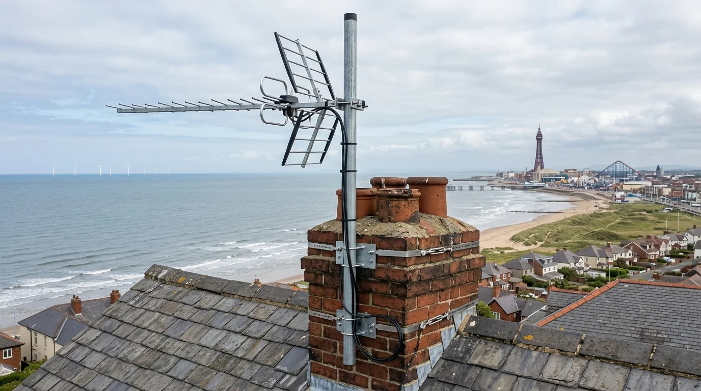 Professional digital TV aerial installation in Stalmine on traditional British chimney stack with galvanized Pennine storm brackets