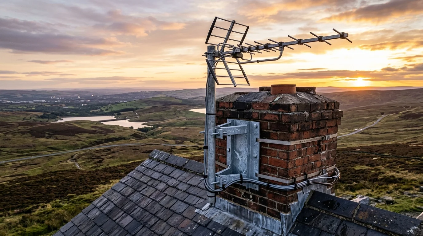 Professional digital TV aerial installation in Blackrod on traditional British chimney stack with galvanized Pennine storm brackets