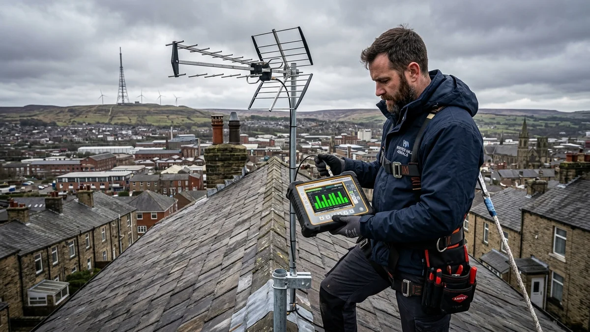 Engineer reading spectrum analyzer meter showing Winter Hill frequencies on Bolton rooftop