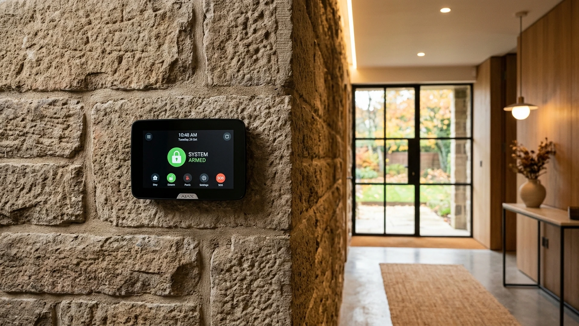 Ajax MotionCam Outdoor wireless detector mounted on weathered West Yorkshire red brick exterior wall in Bradford