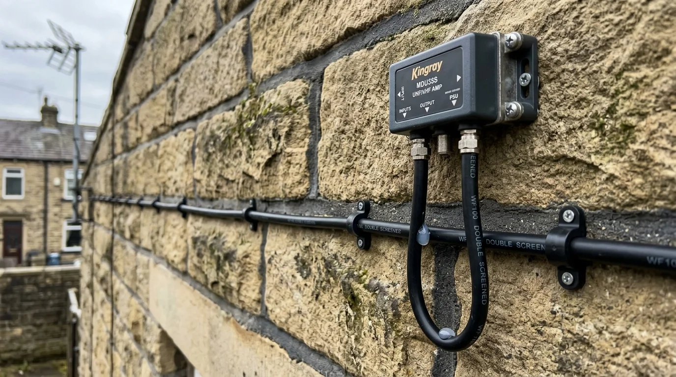Neatly clipped UV-resistant Cat6a solid copper cable installation along mortar joints in Bradford