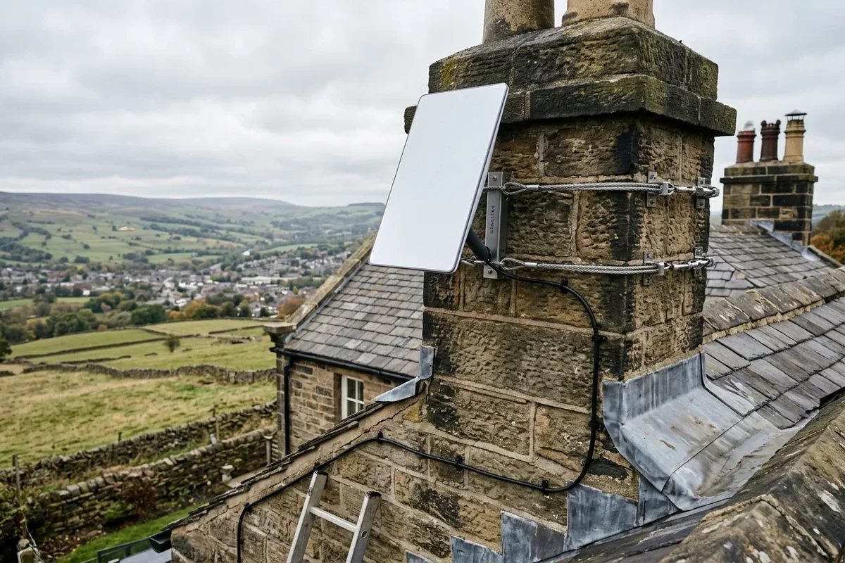 Starlink dish on roof in Bradford on brick chimney with non-drill lashing cradle overlooking town