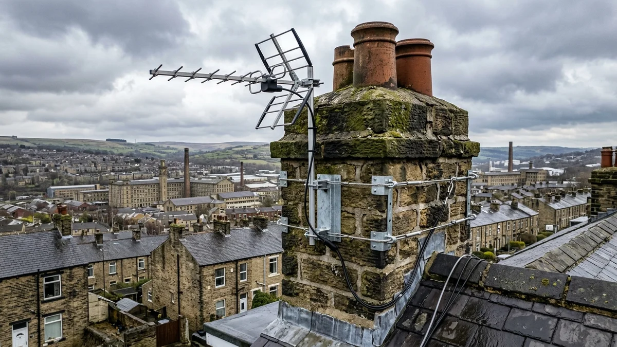 Heavy-duty storm-proof chimney aerial mount in Bradford with double stainless steel lashing wire