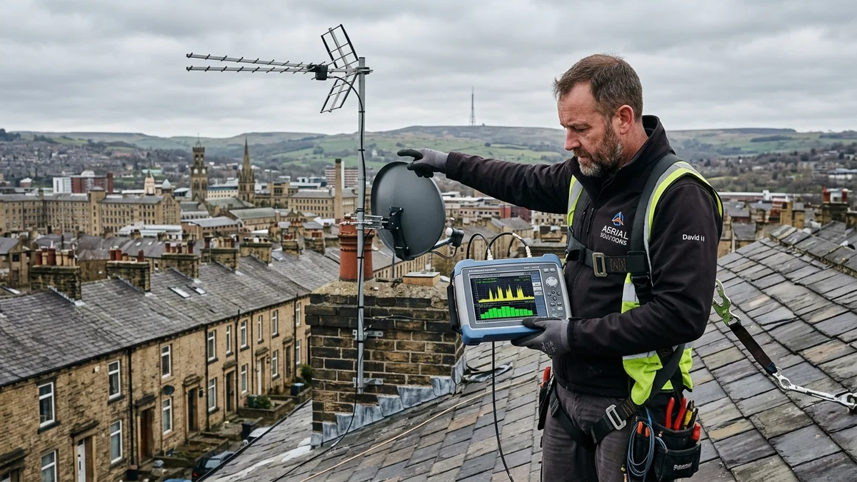 Engineer reading spectrum analyzer meter showing Emley Moor frequencies on Bradford rooftop