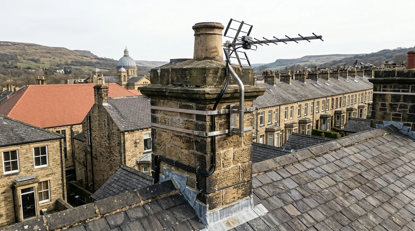 Professional digital TV aerial installation in Heaton on traditional British chimney stack with galvanized Pennine storm brackets