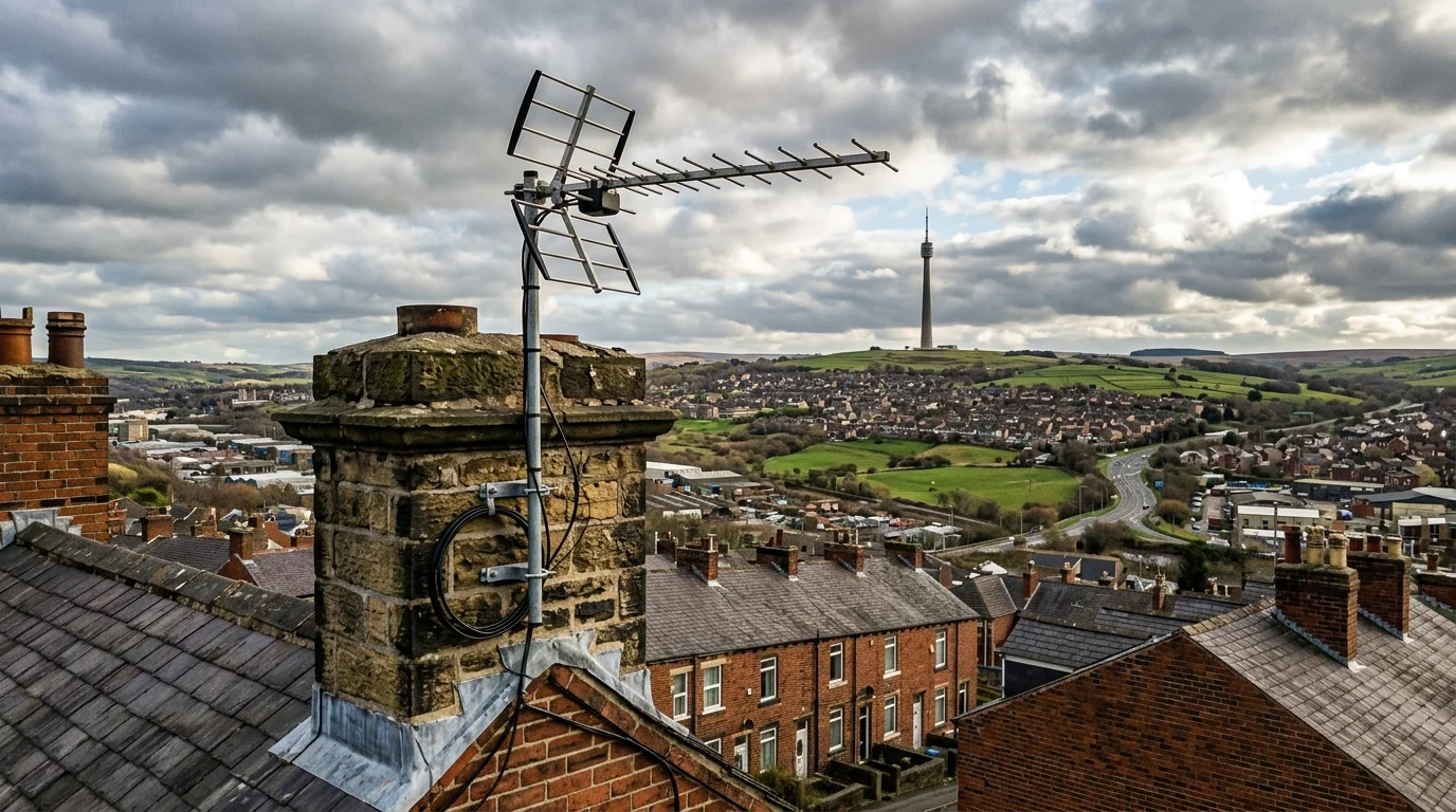 Professional digital TV aerial installation in Bierley on traditional British chimney stack with galvanized Pennine storm brackets