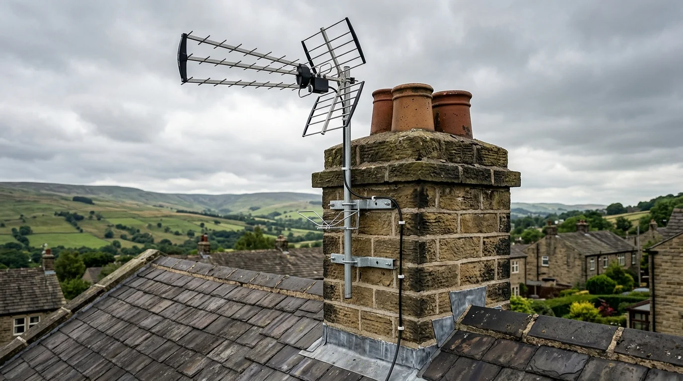 Professional digital TV aerial installation in Cleckheaton on traditional British chimney stack with galvanized Pennine storm brackets