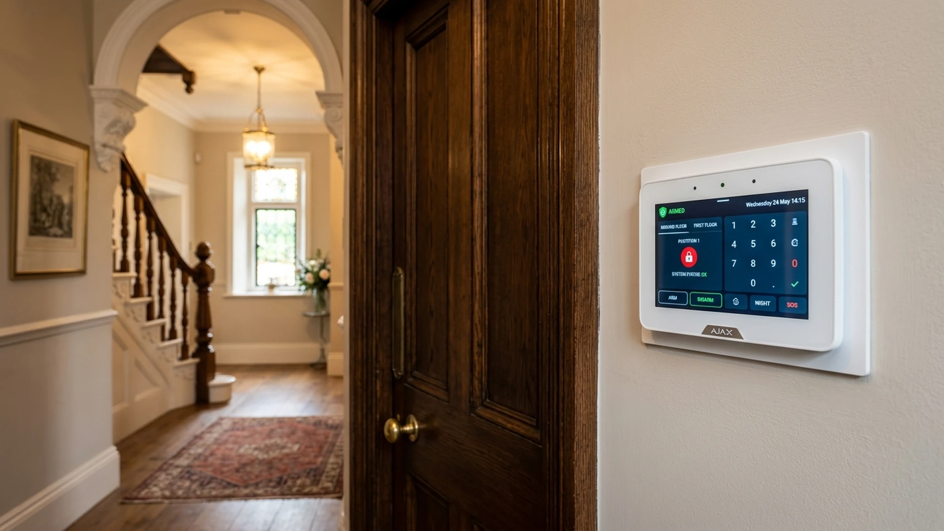 Ajax MotionCam Outdoor wireless detector mounted on weathered Che red brick exterior wall in Chester