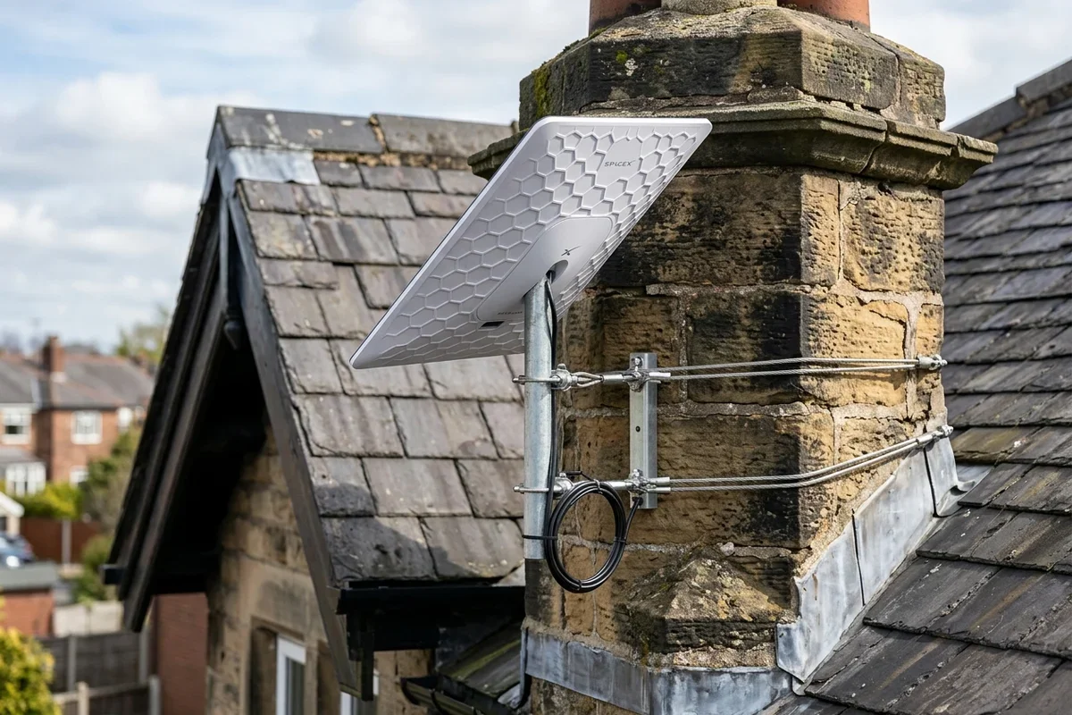 Starlink dish on roof in Cottam on brick chimney with non-drill lashing cradle overlooking town
