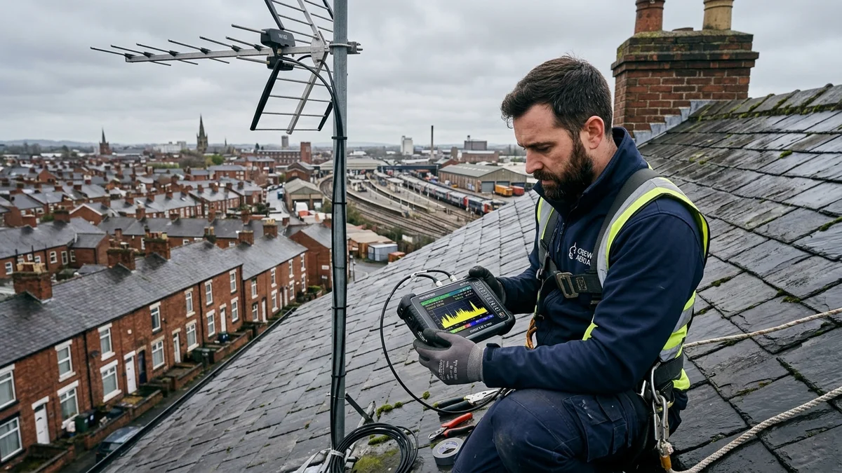 Engineer reading spectrum analyzer meter showing Winter Hill frequencies on Crewe rooftop