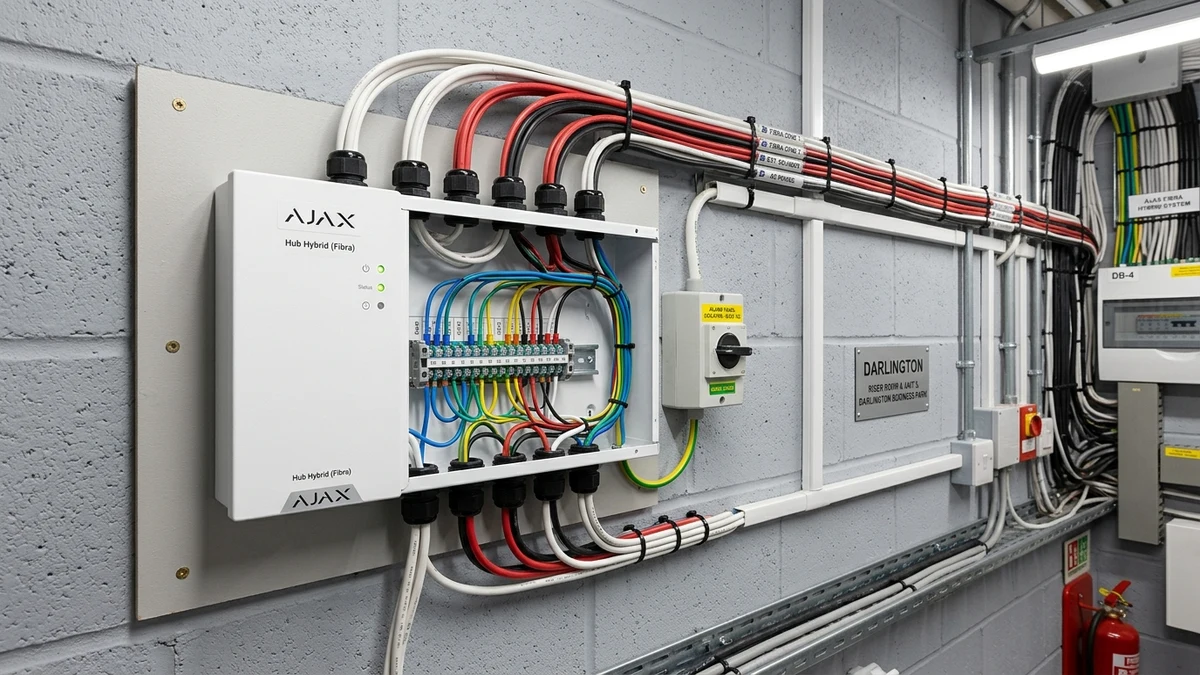 Commercial communications rack housing Ajax Hub Hybrid with neatly laced 4-core bus lines in Darlington