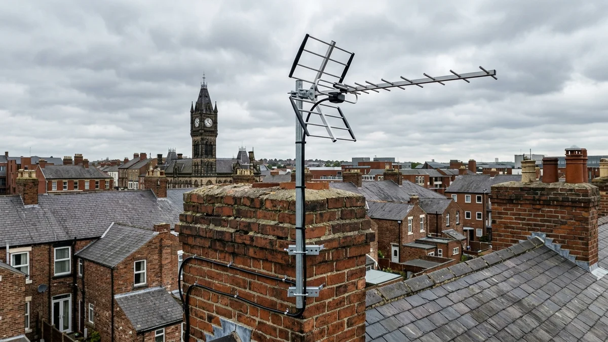 Professional digital TV aerial installation in Darlington with high-gain benchmark aerial and heavy-duty storm bracket