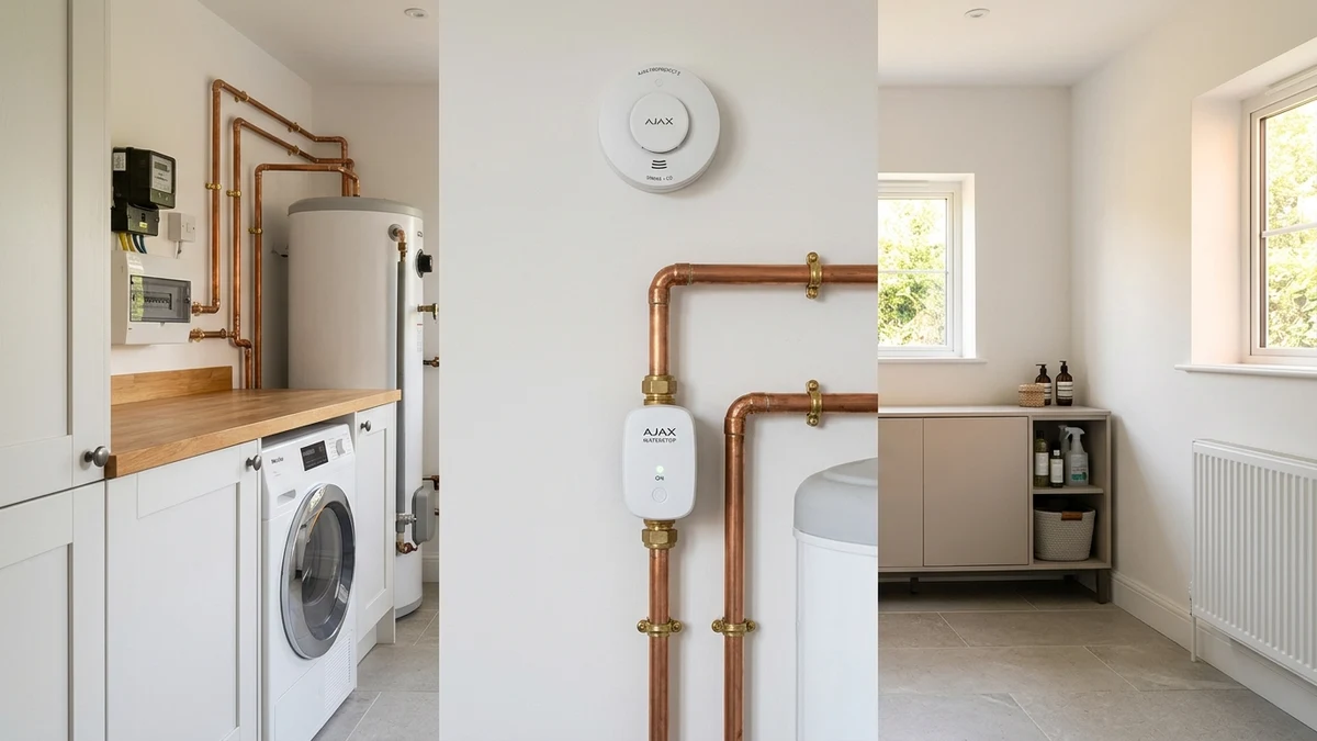 Ajax FireProtect 2 ceiling smoke detector and WaterStop electric smart shutoff valve installed cleanly on copper plumbing in a Derby home