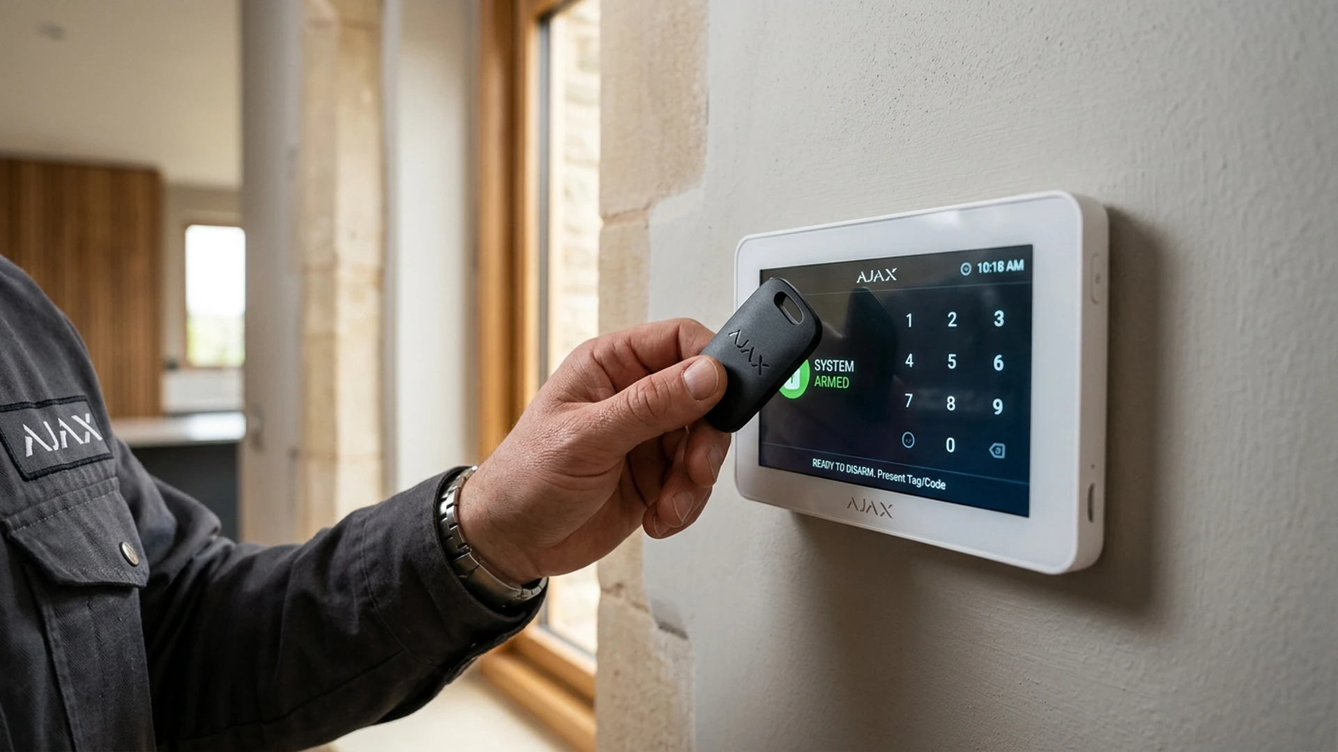 Ajax MotionCam Outdoor wireless detector mounted on weathered Derby red brick exterior wall in Derby