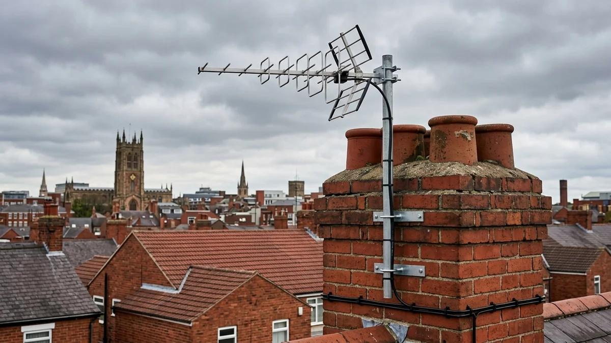 Professional digital TV aerial installation in Derby with high-gain benchmark aerial and heavy-duty storm bracket