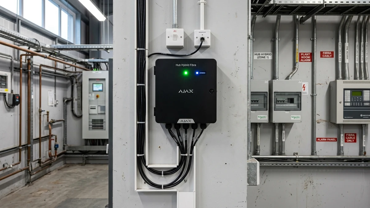 Commercial communications rack housing Ajax Hub Hybrid with neatly laced 4-core bus lines in Doncaster