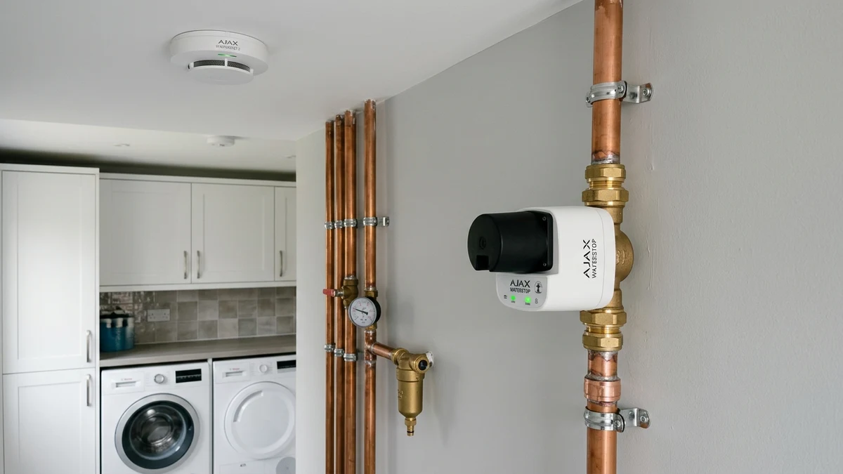 Ajax FireProtect 2 ceiling smoke detector and WaterStop electric smart shutoff valve installed cleanly on copper plumbing in a Doncaster home