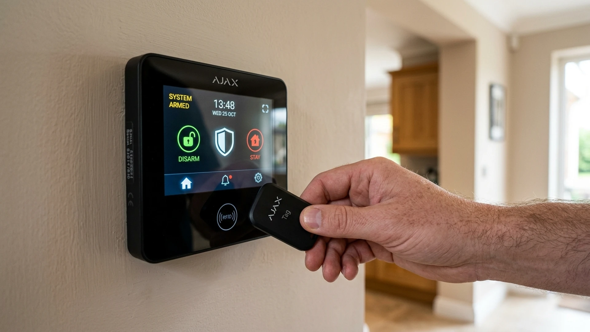 Ajax MotionCam Outdoor wireless detector mounted on weathered South York red brick exterior wall in Doncaster