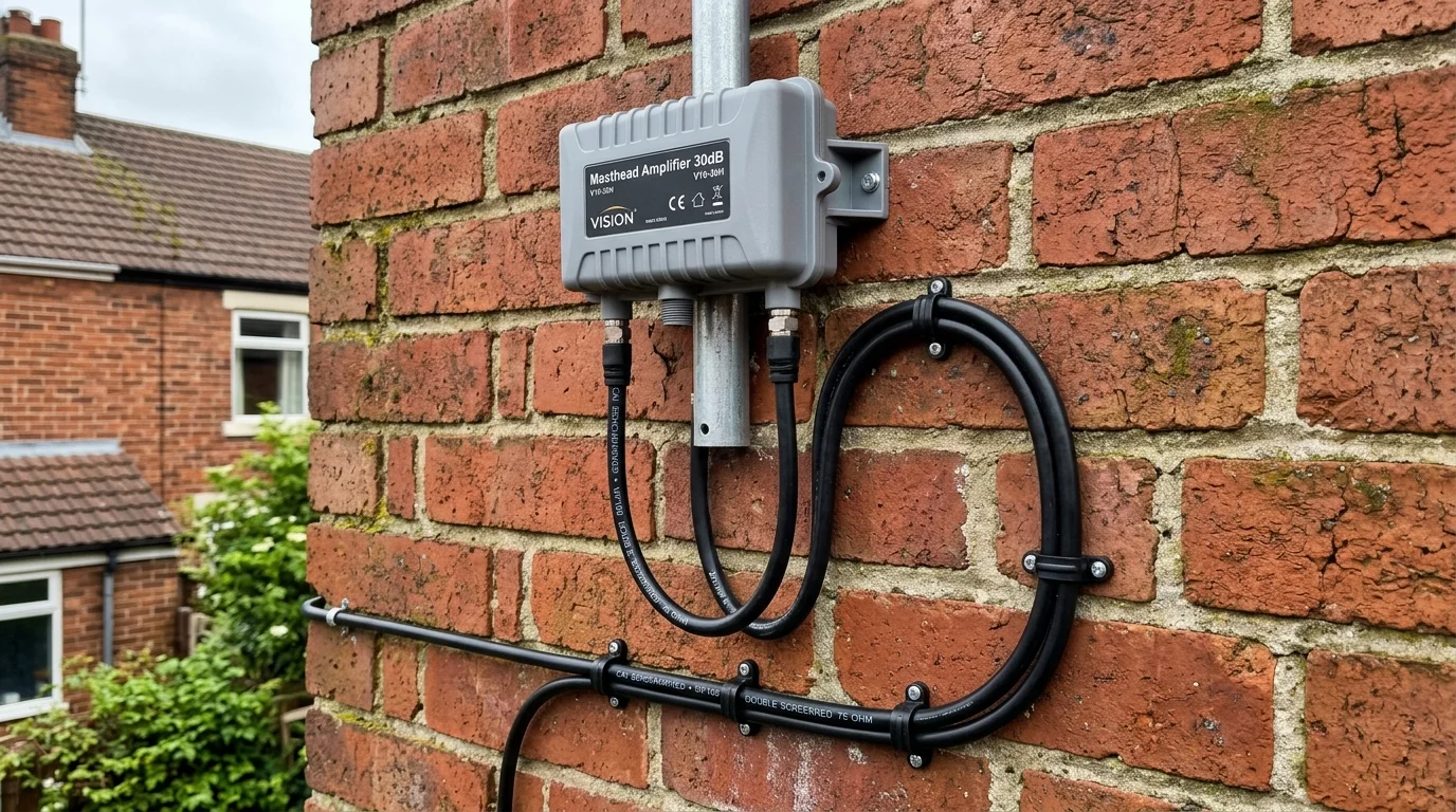Neatly clipped UV-resistant Cat6a solid copper cable installation along mortar joints in Doncaster