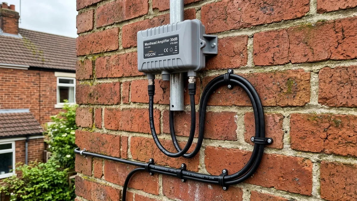 Shielded masthead amplifier and WF100 coax cable routed neatly on Doncaster masonry