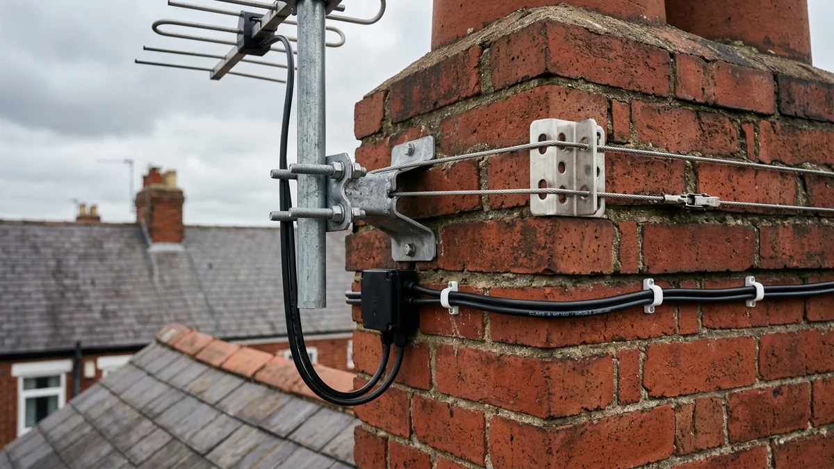 Heavy-duty storm-proof chimney aerial mount in Doncaster with double stainless steel lashing wire