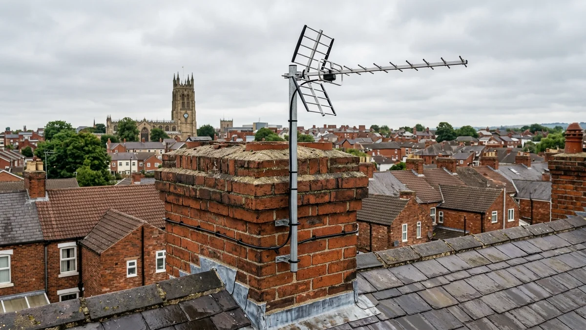 Professional digital TV aerial installation in Conisbrough on traditional British chimney stack with galvanized Pennine storm brackets