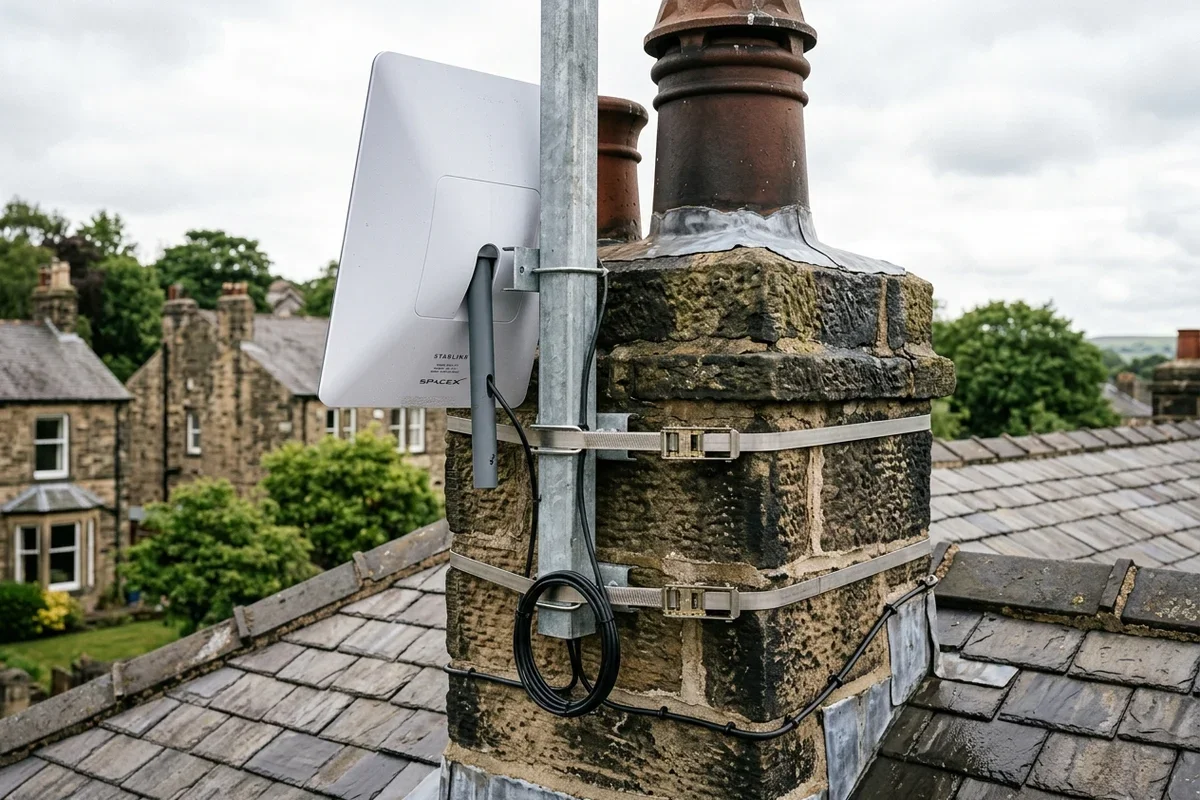 Starlink dish on roof in Dronfield on brick chimney with non-drill lashing cradle overlooking town