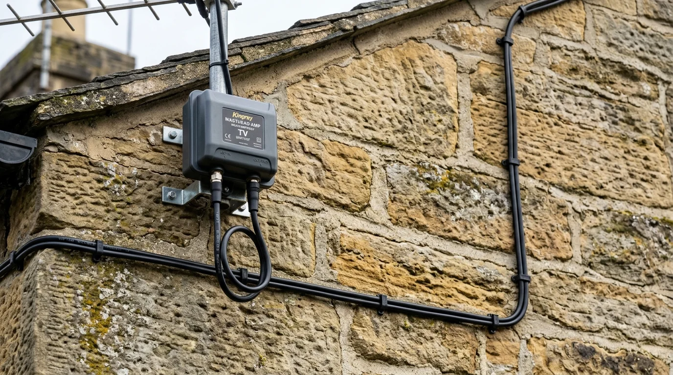 Neatly clipped UV-resistant Cat6a solid copper cable installation along mortar joints in Durham