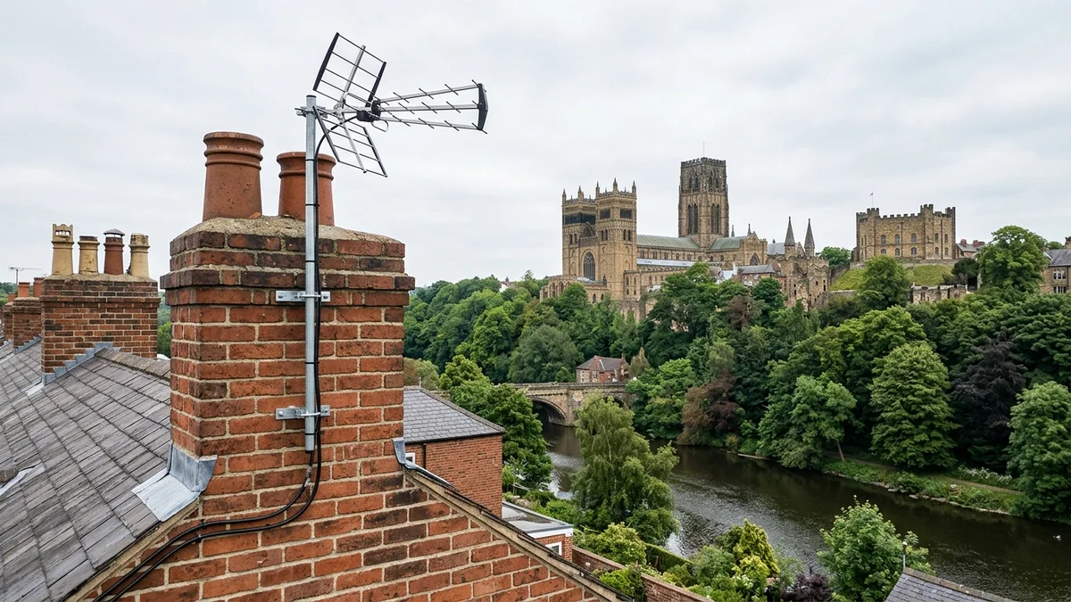 Professional digital TV aerial installation in Durham with high-gain benchmark aerial and heavy-duty storm bracket