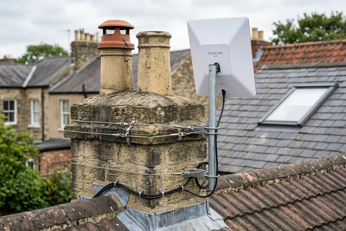 Starlink dish mounted securely on chimney in Easingwold