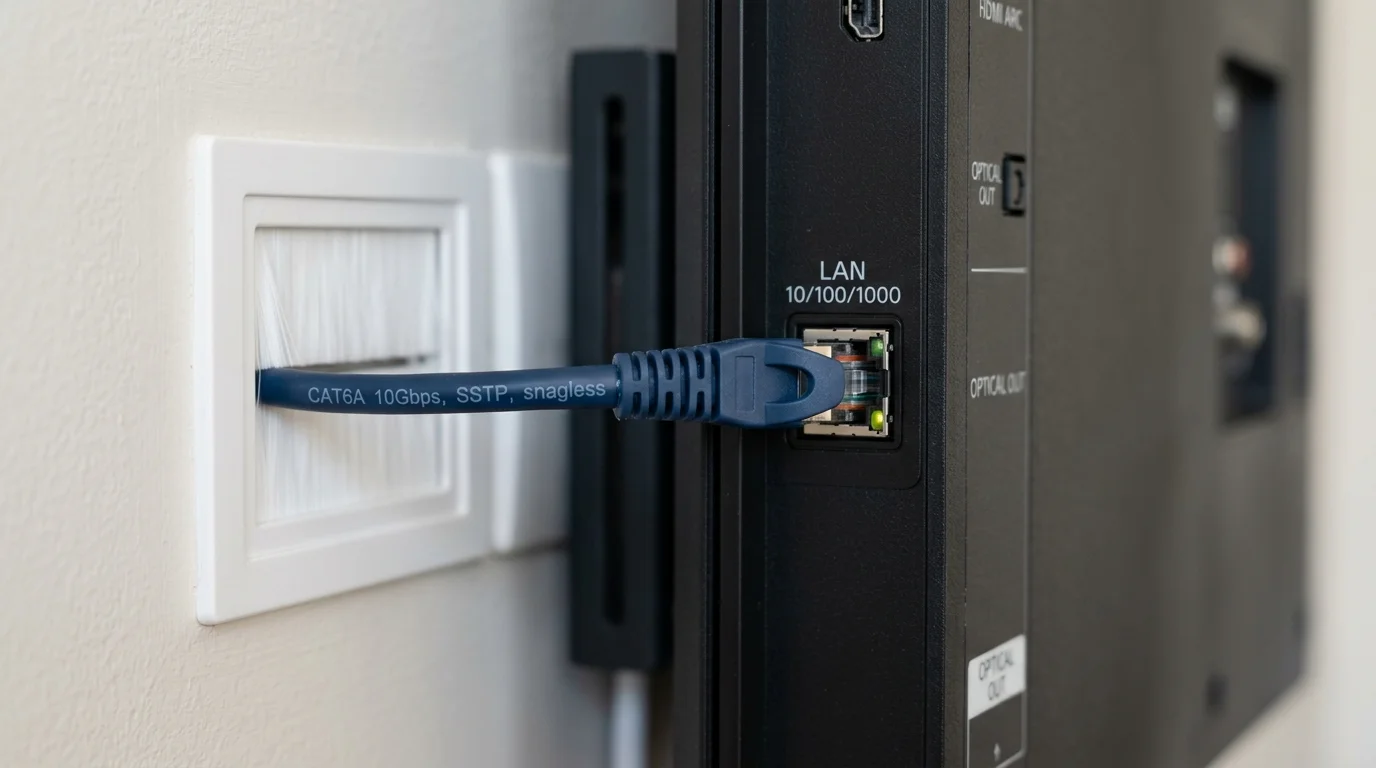 Running Cat6A Ethernet cable directly into the LAN port on the back of a wall-mounted Smart TV from a recessed wall brush plate in Sheffield