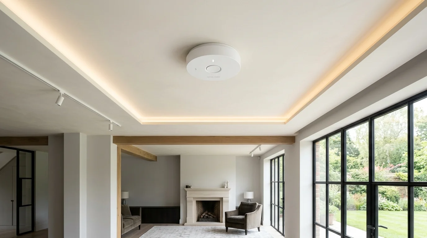 Discreet wireless fire alarm detector flush fitted on residential ceiling in Middlesbrough