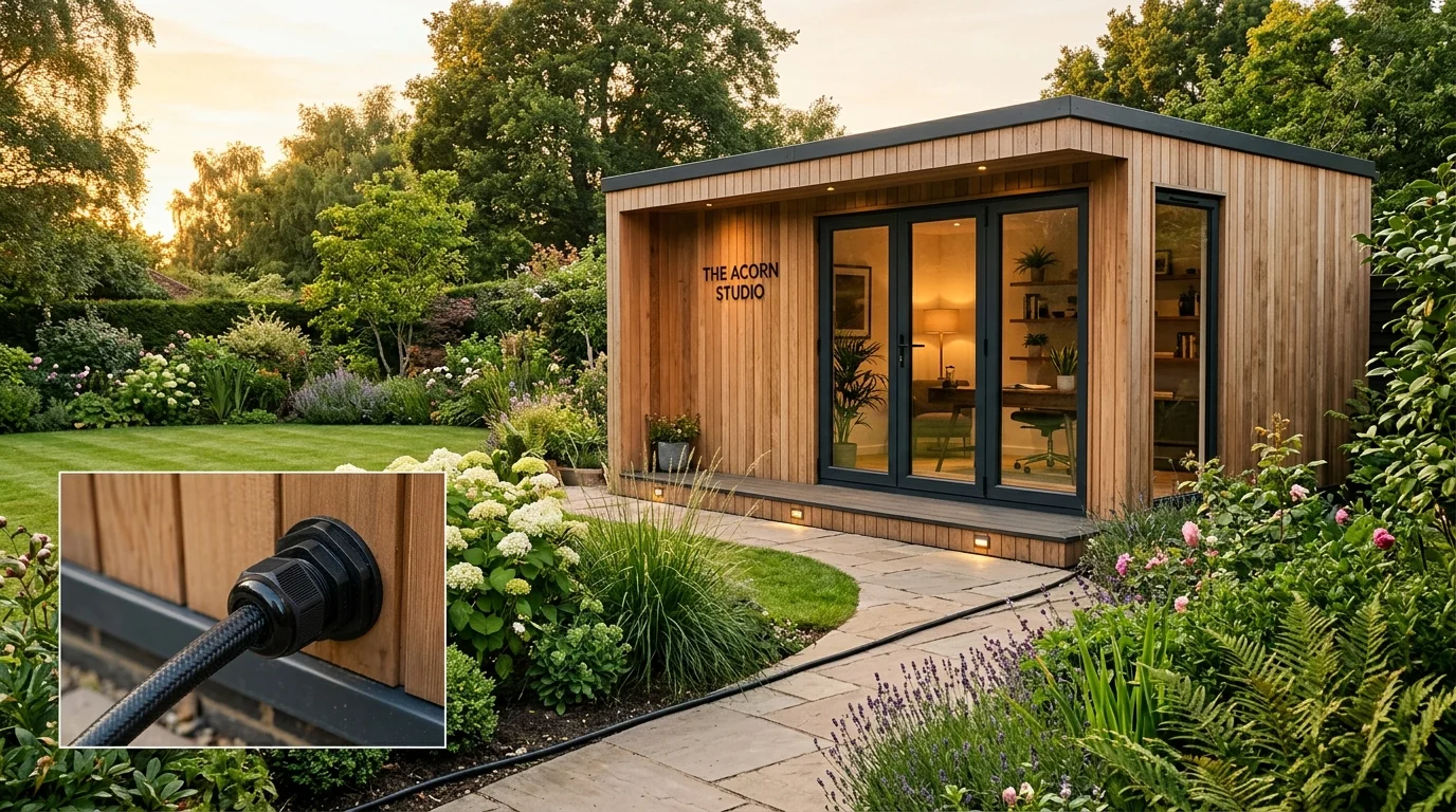 Underground trench installation of SWA armoured Cat6A cable to modern garden office pod