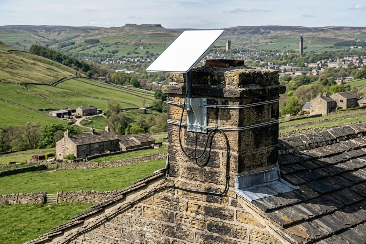Starlink dish on roof in Golcar on brick chimney with non-drill lashing cradle overlooking town
