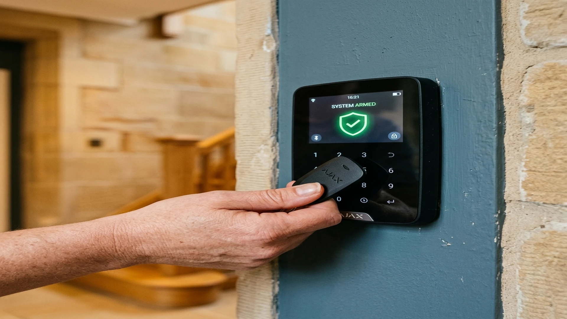 Ajax MotionCam Outdoor wireless detector mounted on weathered West Yorkshire red brick exterior wall in Halifax