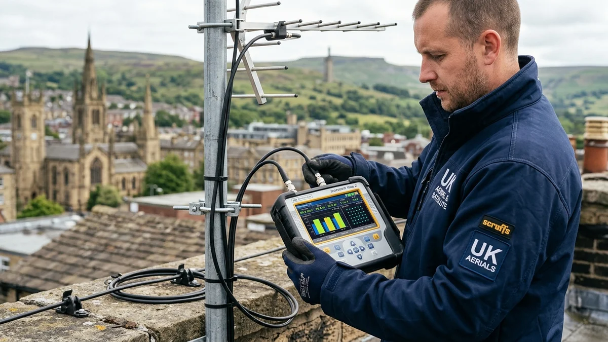 Engineer reading spectrum analyzer meter showing Emley Moor frequencies on Halifax rooftop