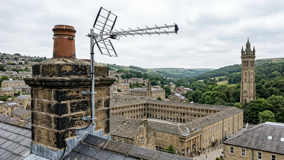 Professional digital TV aerial installation in Halifax with high-gain benchmark aerial and heavy-duty storm bracket