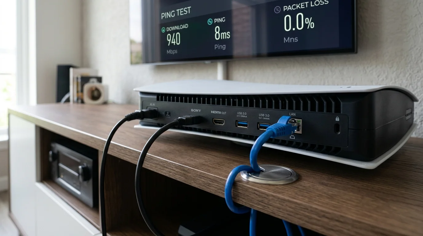 Hardwire Cat6A shielded Ethernet cable plugged into the gigabit LAN port on the back of a PlayStation 5 in Sheffield