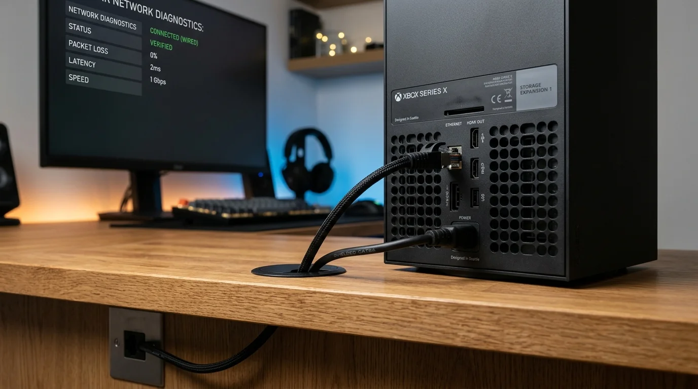 Hardwire Cat6A Ethernet cable plugged into the LAN port on the back of an Xbox Series X console in Sheffield