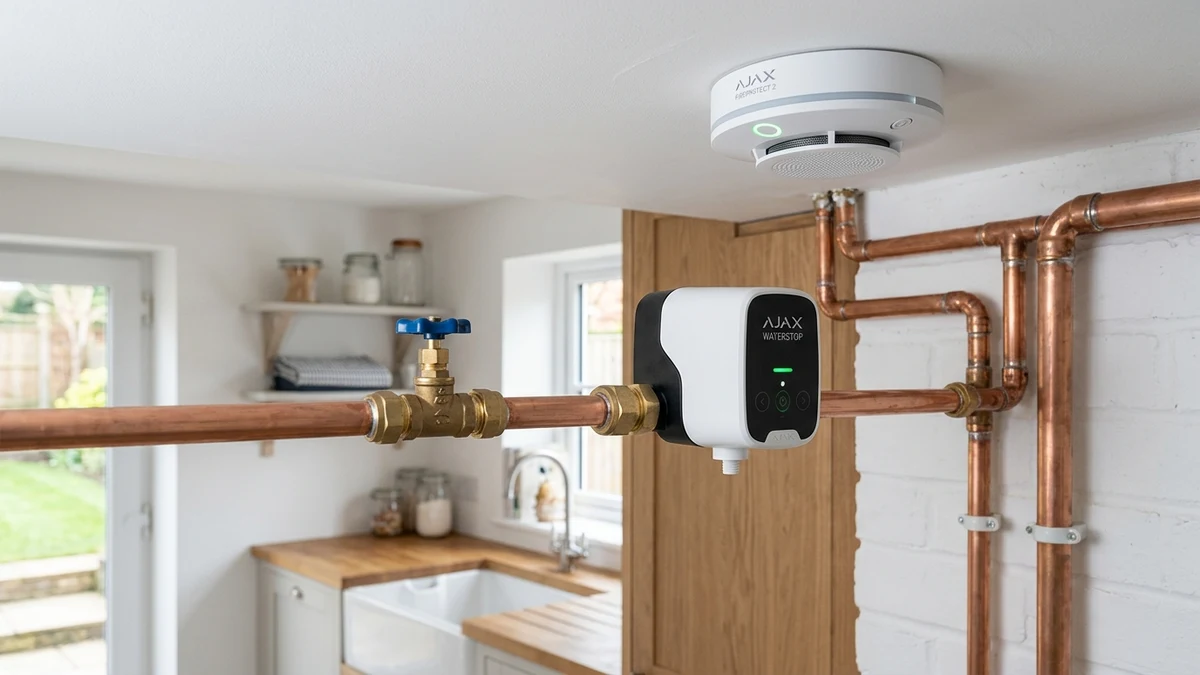 Ajax FireProtect 2 ceiling smoke detector and WaterStop electric smart shutoff valve installed cleanly on copper plumbing in a Woodlands home