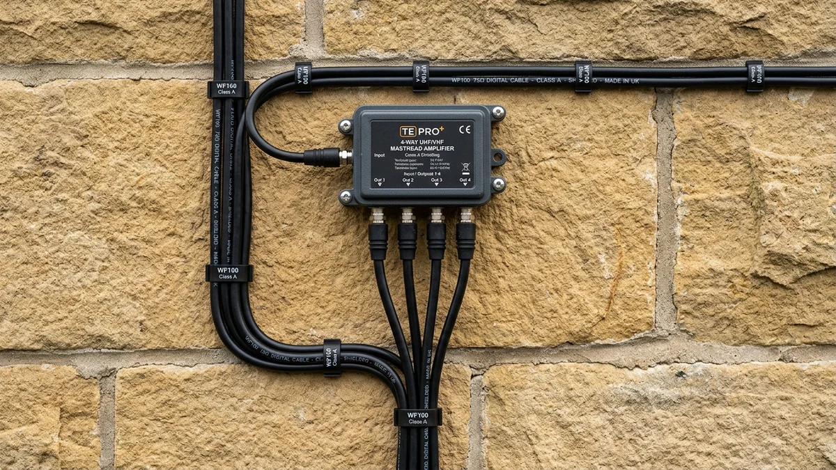 Shielded masthead amplifier and WF100 coax cable routed neatly on Harrogate masonry