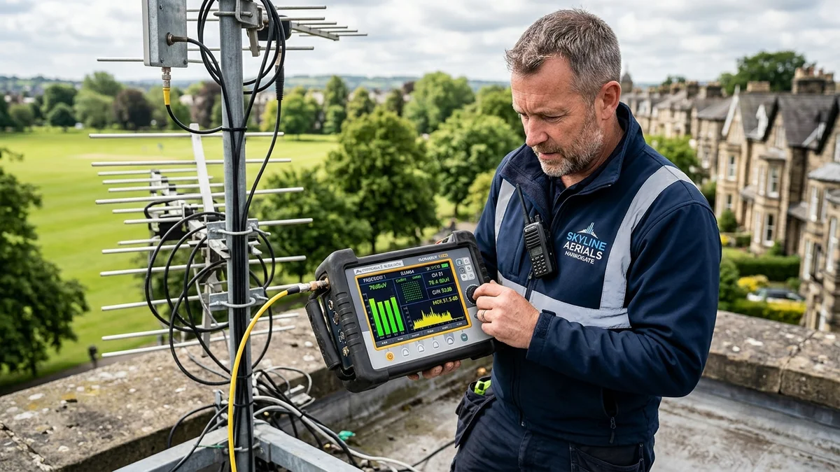 Engineer reading spectrum analyzer meter showing Emley Moor and Bilsdale frequencies on Harrogate rooftop